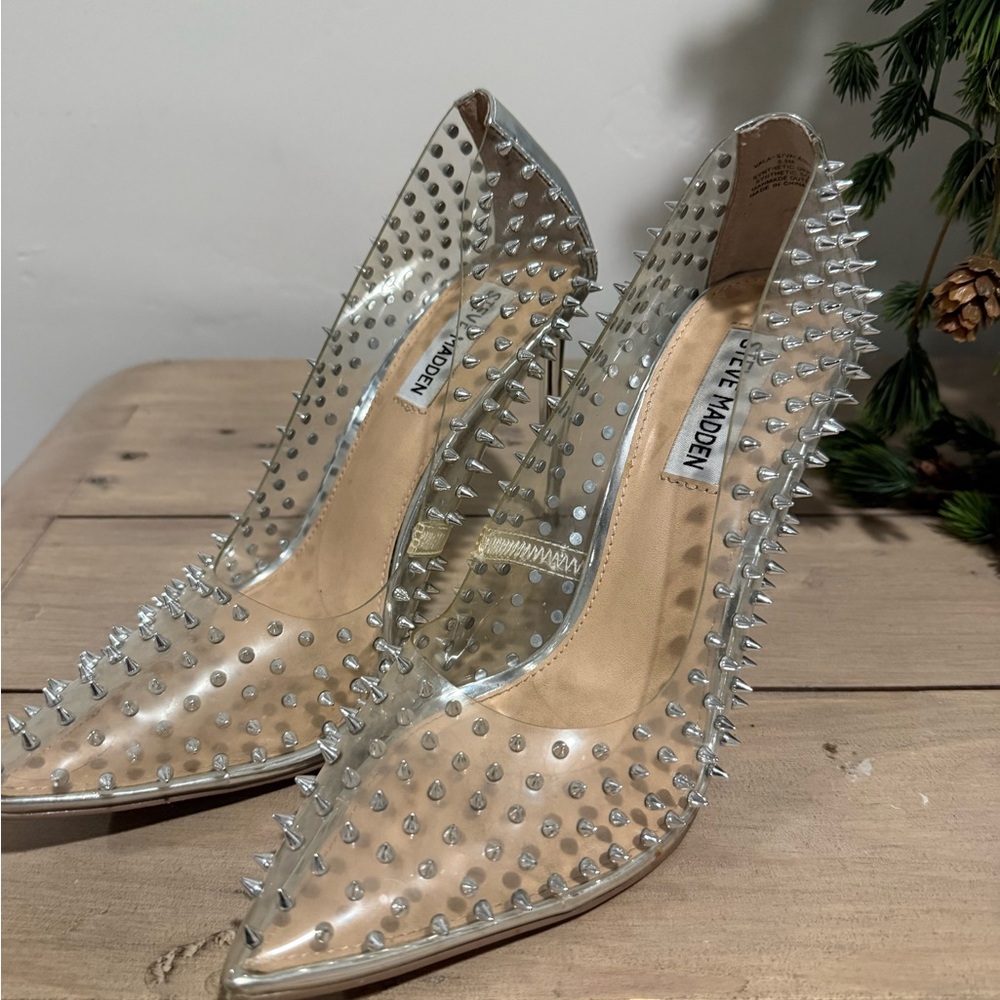 Steve Madden Transparent Silver Spiked Heels